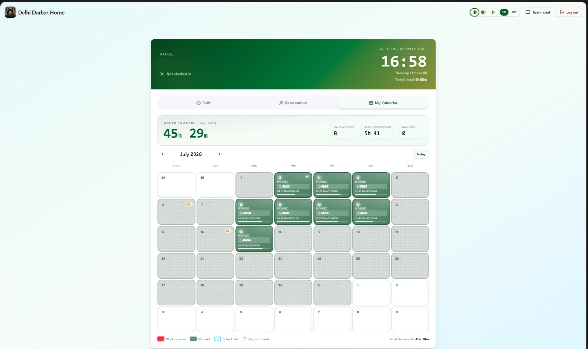 Shift Scheduler — månedskalender